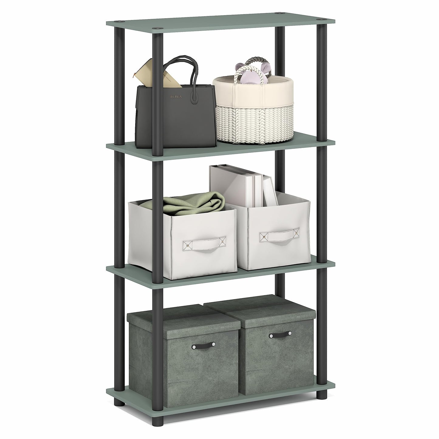 Furinno Turn-N-Tube Storage Shelves, 4-Tier Book Shelf, Corner Shelf, Toolless Open Shelves, for