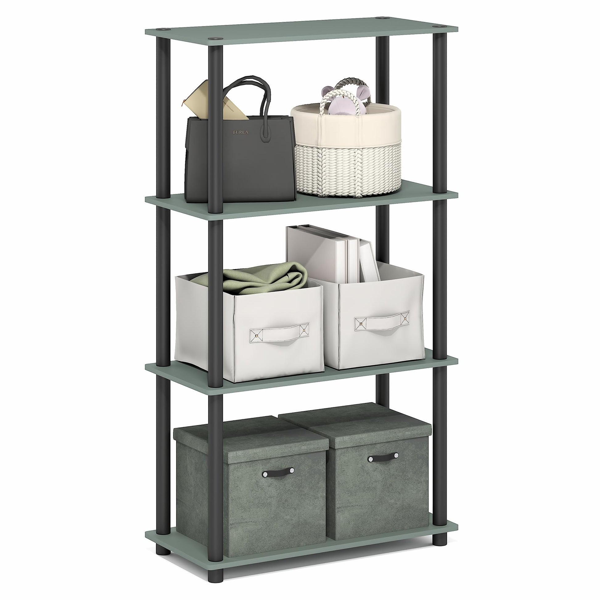 Furinno Turn-N-Tube Storage Shelves, 4-Tier Book Shelf, Corner Shelf, Toolless Open Shelves, for