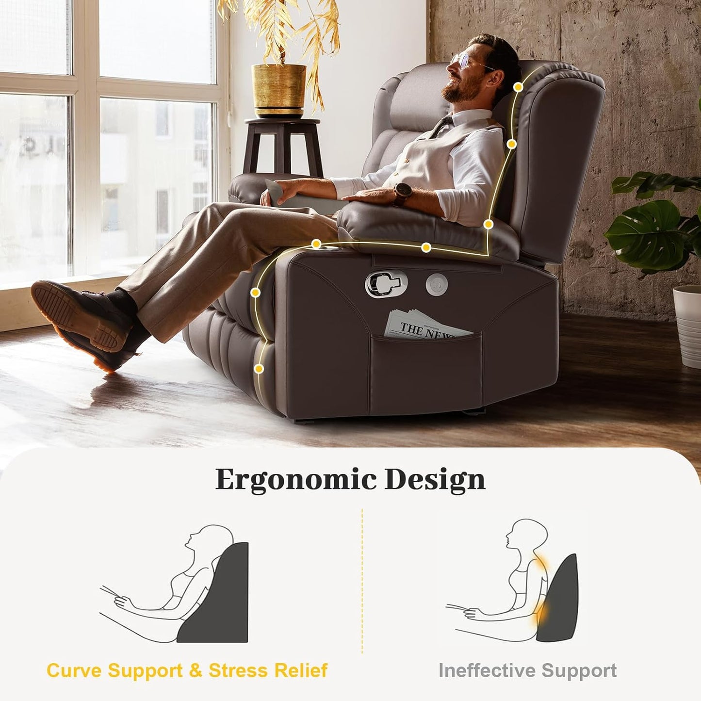 RV Loveseat Recliner Sofa, PU Leather RV Reclining Loveseat with USB Charge Ports, Cup Holders, 2 Seater Manual Pull Tab Recliner Sofa Couches for Living Room/RV, Brown