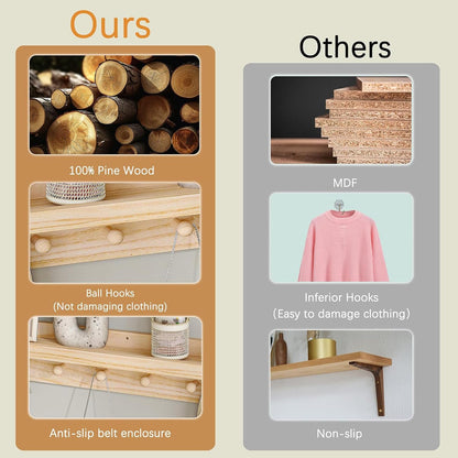 MBYD Wood Wall Shelf With Hooks Floating Shelves for Wall Bathroom Shelves Wall Mounted Nursery Floating Bookshelf for Kids Room Toy Storage Shelf for Bedroom Picture Frames Kitchen (Natural, 36 Inch)