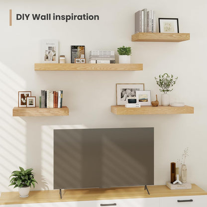 Heimlove 12 Inch Deep Floating Shelves, 48 x 12 inches Long Wall Shelf, Large Display Shelf & Storage Shelf, Rustic Wood Wall Shelves for Fireplace Mantel, Set of 2(Oak)