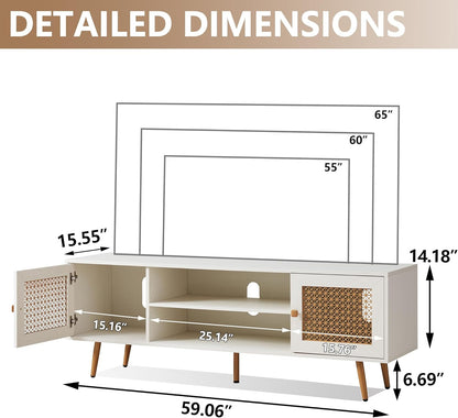 JYED Mid Century Modern TV Stand with Metal Mesh Doors and Open Shelf for 65" TVs,Antique White Media Console Wood Entertainment Center with Cable Holes for Living Room.59.06"x15.55"x20.87"
