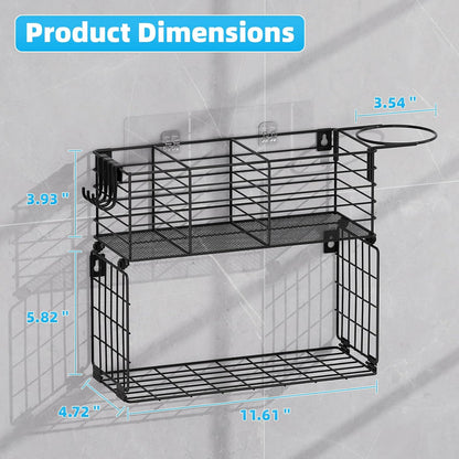 VITVITI Metal Hair Tool Organizer with Toilet Paper Basket, Bathroom Blow Dryer Curling Iron Holder Wall Mount, 2 Tiers Styling Tools Organizer for Straightener with Hooks, Black