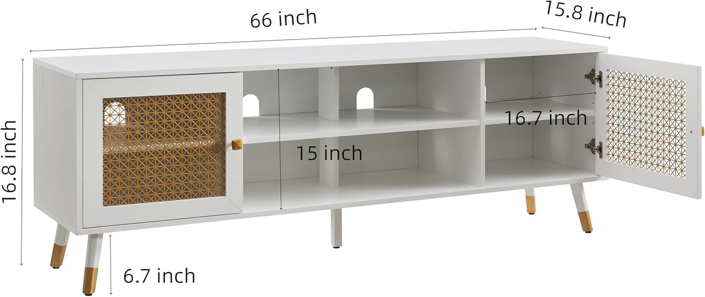 JYED Mid Century Modern TV Stand and Console for TVs Up to 75" - White Entertainment Center, 2 Gold Metal Mesh Doors & MDF Wood Grain, 15.8" D x 66" W x 23.5" H
