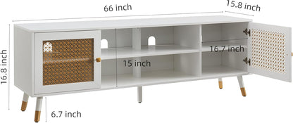 JYED Mid Century Modern TV Stand and Console for TVs Up to 75" - White Entertainment Center, 2 Gold Metal Mesh Doors & MDF Wood Grain, 15.8" D x 66" W x 23.5" H