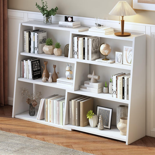 IOTXY Wooden Extendable Shelf Bookcase - 3-Tier Ladder Low Short Bookshelf for Small Space or