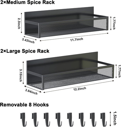 Magnetic Spice Rack for Refrigerator, 4 Pack Magnetic Shelf, Fridge Magnet Organizer with Moveable 8 Hooks, Magnetic Fridge Shelf for Kitchen Organization and Storage (4 Pack)