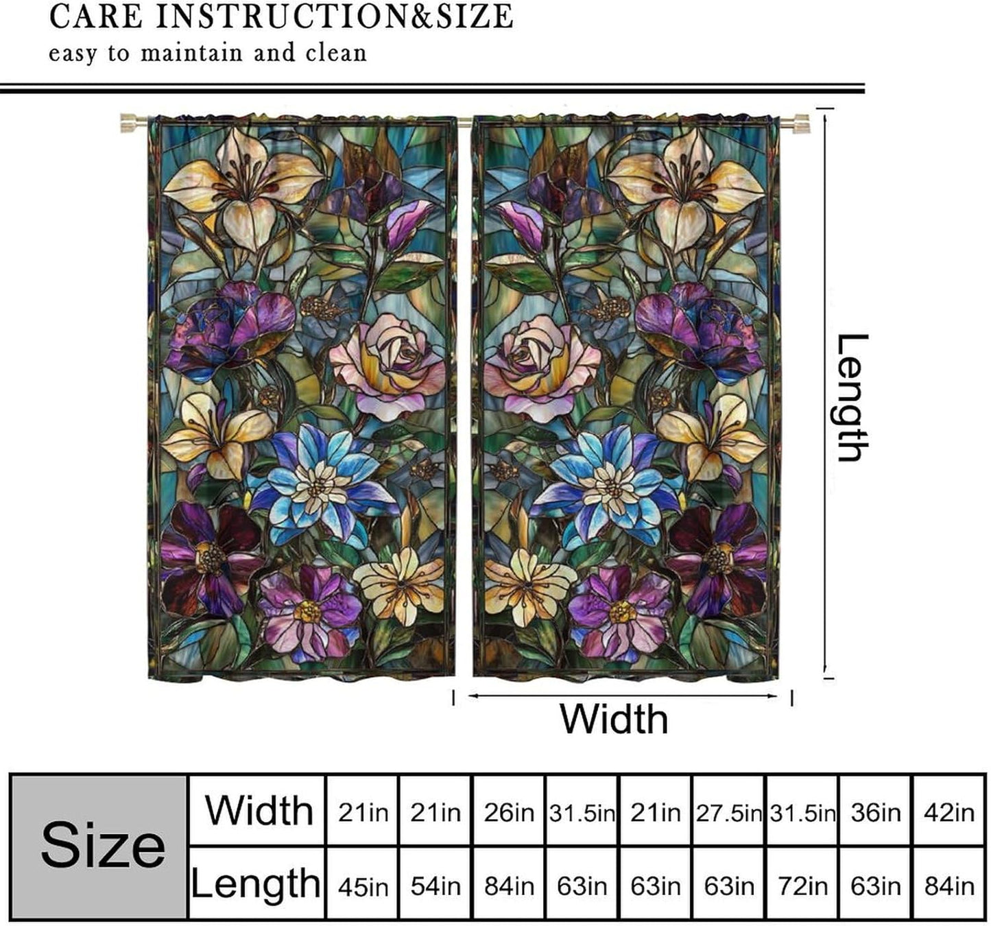 Stained Glass Curtains,Retro Colored Glass Flowers Art Home Decor Drapes for Bedroom Living Room Kitchen Window Treatment 2 Panels Set Total Size 63" W X 63" L Inch
