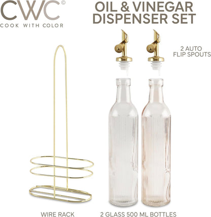 COOK WITH COLOR Glass Olive Oil Bottle Dispenser - 2 Pack- 17oz Oil and Vinegar Cruet - Olive Oil Carafe Decanter for Kitchen
