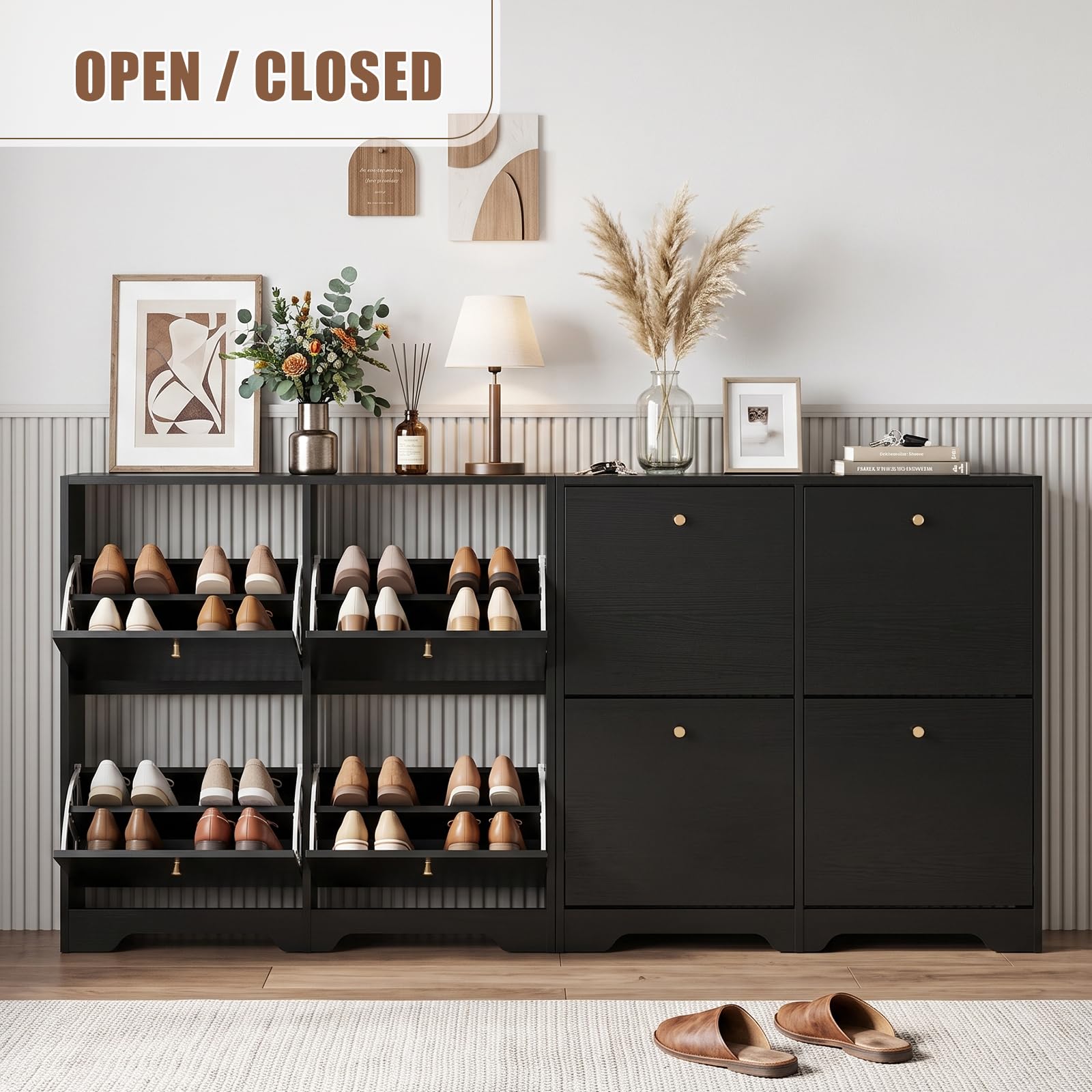 Nicetree Shoe Cabinet, 4 Flip Drawers Slim Black Entryway Storage