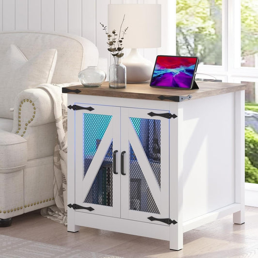 Farmhouse End Table, 24" Large Sofa Side Table with Charging Station, Mesh Barn Door, and Adjustable Storage Shelf, Rustic Wood Square Nightstand for Living Room, Bedroom, Office, White &Brown