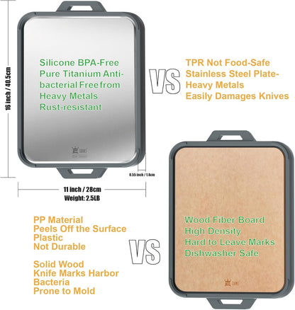 GUANCI Pure Titanium Cutting Board, Double Sided Cutting Board for Kitchen, Pure Titanium/Wood Fiber Composite with Juice Groove Dishwasher Safe 16"L x 11"W
