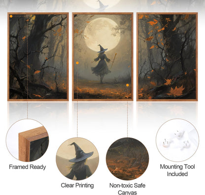 Aurlan Moonlight Witch in The Maple Forest Framed Wall Art(16"x24"), 3PCS Vintage Magical Witchy Gothic Halloween Canvas Artwork, Dark Academia Mystical Midnight Landscape Decor for Home Office Bedroom
