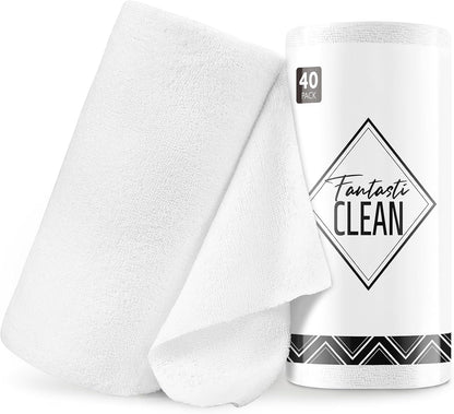 Fantasticlean Microfiber Cleaning Cloth Roll -40 Pack, Tear Away Microfiber Towels, 12" x 12", Reusable, Washable, Scratch Free, Ultra Absorbent Dish Rags for Car, Home, Garage or Shop (White)
