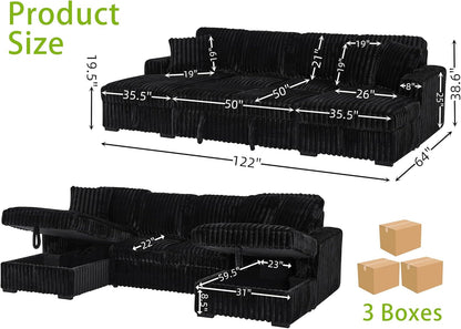 THSUPER Oversized U Shaped Plush Corduroy Fluffy Sectional Sleeper Sofa with Pull Out Bed and Double Storage Chaise for Living Room - Black