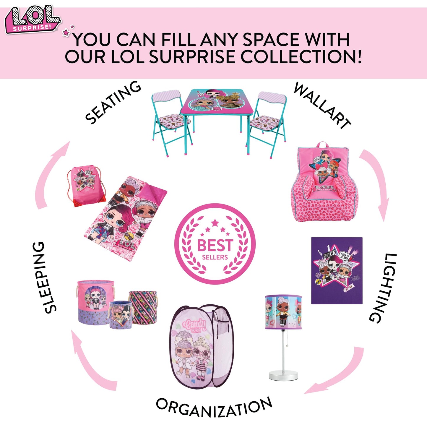 LOL Surprise Pop Up Laundry Hamper,Pink Kids Clothes Storage with Durable Carry Handles, 21" H x
