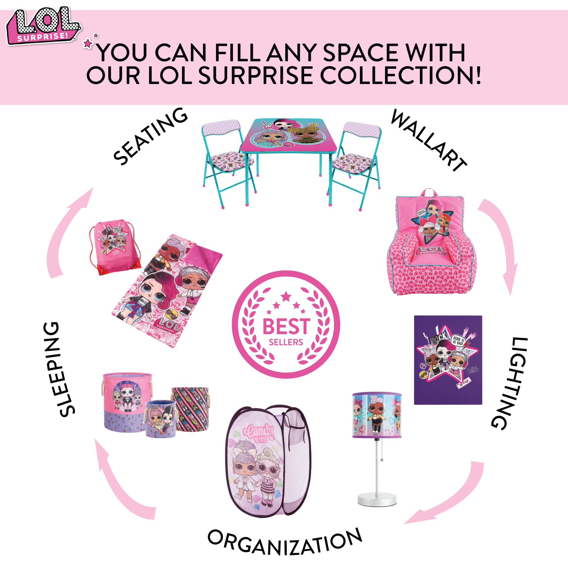 LOL Surprise Pop Up Laundry Hamper,Pink Kids Clothes Storage with Durable Carry Handles, 21" H x