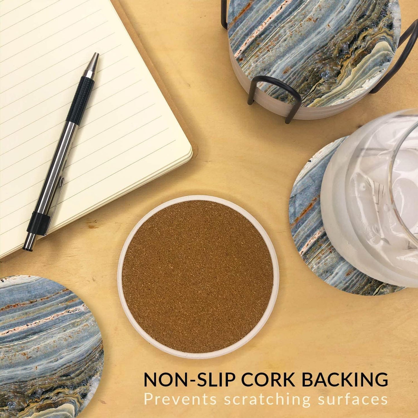 Emerson Coasters for Drinks Absorbent – Natural Stone Drink Coasters Set with Holder, Coasters for Coffee Table, Wooden Tabletop Protection Marble Style – 100% Heavy Duty Set of 6 (Moon)