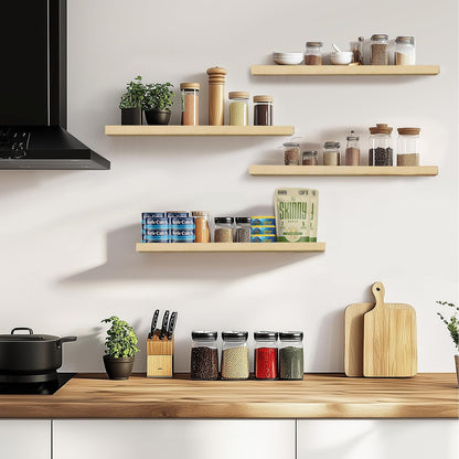 Floating Wall Shelves 4-Pack - Rustic Wood 16-inch Wooden Wall Shelves for Storage and Décor, Multi-Functional and Easy to Install for Living Room, Bedroom, and Kitchen