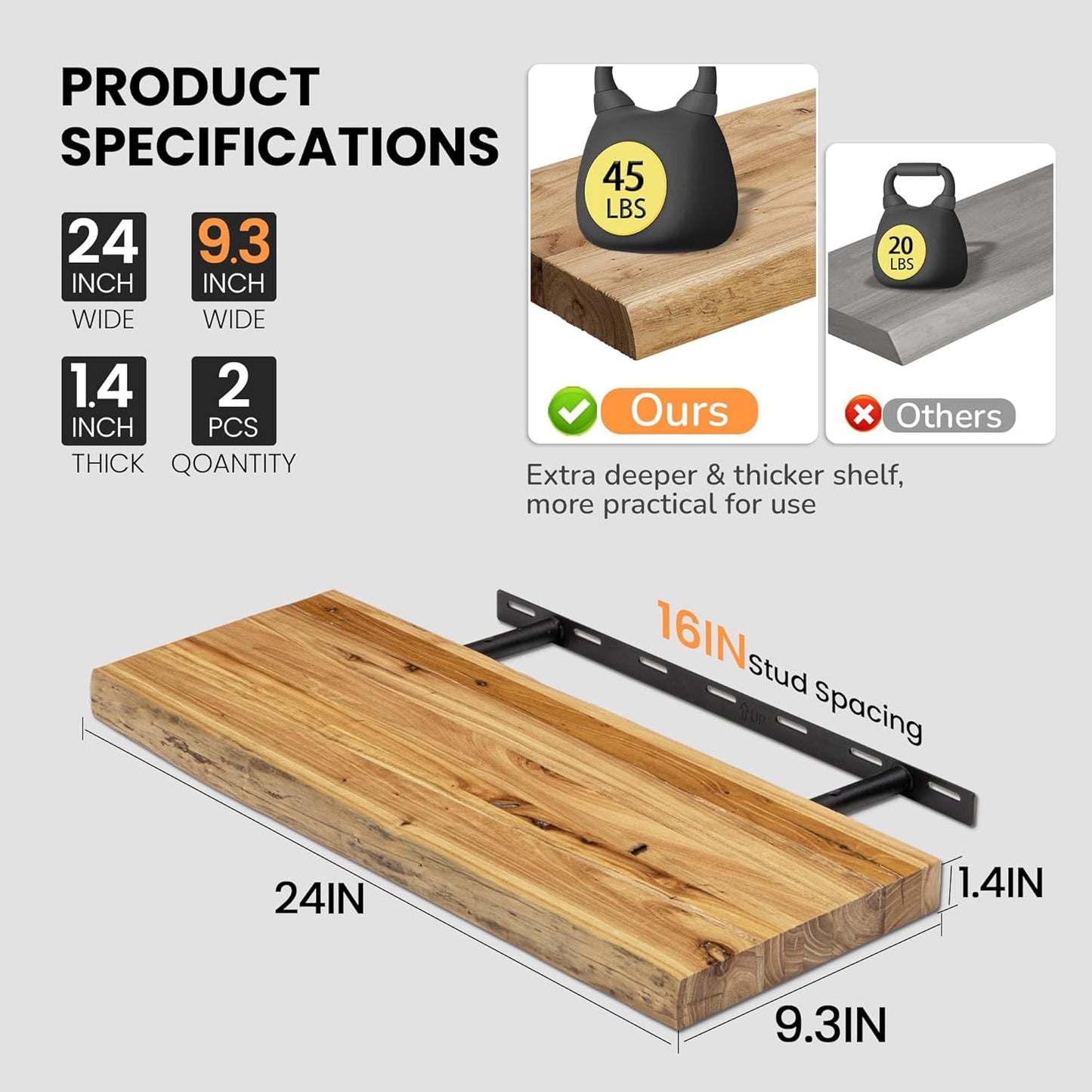 Floating Shelves for Wall, 24"x9.3" Rustic Solid Live-Edge Elm Wood Wall Shelves, Heavy-Duty Floating Shelves with Invisible Brackets, Set of 2 for Living Room, Bedroom, and Kitchen, Natural Finish