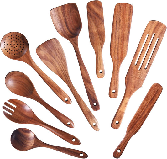 Wooden Spoons for Cooking,GUDAMAYE 10 PCS Wooden Kitchen Utensils Set,Wooden Cooking Utensils For