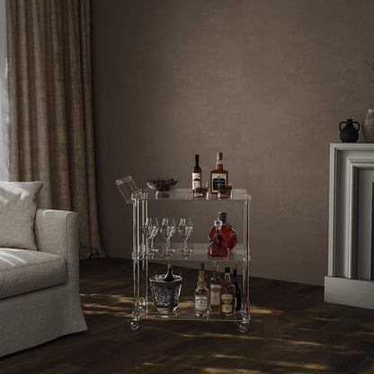 HMYHUM Acrylic Bar Cart with 4 Lockable Wheels, 30.5" L x 15.2" W x 34.5" H, Rolling Serving Cart for The Home Bar, Kitchen, Living Room, with Pulling Handle, Modern, 3-Tier, Clear