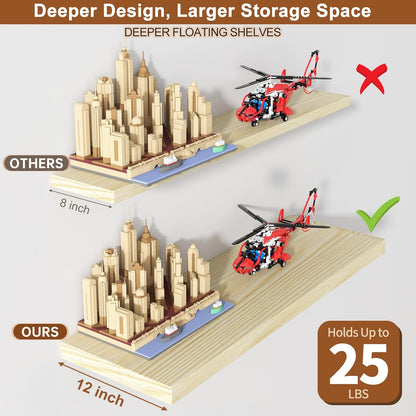 12 Inch Deep Floating Shelves for Wall 2 Pack Floating Shelves Large Storage Space Wall Mount Shelf for Living Room Kitchen Bathroom 24" W x 12" D x 1.2" H Oak