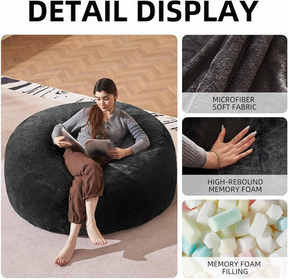 Bean Bag Chair 5Ft, Memory Foam Filled, Large Beanbag Chairs for Adults and Teens, Soft Sofa with Removable Flannel Cover, Round Couch for Living Room Bedroom College Dorm (Black, 5FT-60×60"×24")