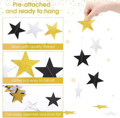 Patelai Glitter Star Garland Banner Decor 130 Feet Star Hanging Bunting Banner Twinkle Backdrop for Homecoming Classroom Wedding Birthday Halloween Christmas Party Supplies(Silver Gold Black)