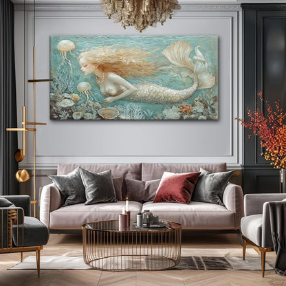 LASMOND Ocean Mermaid Wall Art for Girls Room Modern Canvas Prints Marine Organism Underwater World Sea Creatures Artwork Paintings Women Bedroom Wall Decor (46x23 Inches)