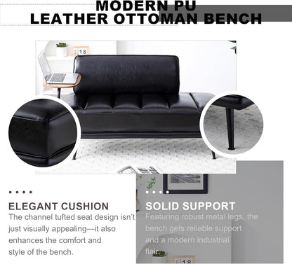 Sofa,Bed Bench,Small Spaces Furniture,Polyurethane Leather,Wood Frame,High Density Sponge Infillings,360-Degree Swivel Tray,Black Metal Leg (Black)