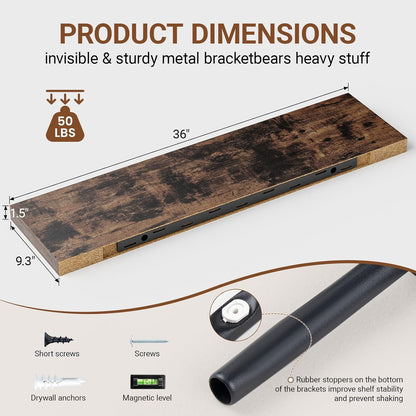 Floating Shelves for Wall 36 Inches Long,9.3" Deep Rustic Brown Floating Shelf Set of 2,Wall Mounted Shelves for Bathroom Bedroom Living Room Kitchen Office,Shelf for Books Storage,Home Decor