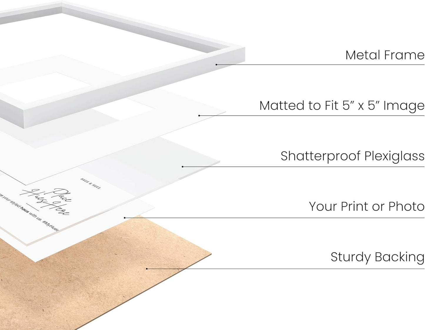 HAUS AND HUES 10x10 White Metal Picture Frame Matted to 5x5 - Features Vertical & Horizontal Hanging, Shatterproof Plexiglass - Ideal for Home, Room, Office (10x10 in, White, Set of 1)