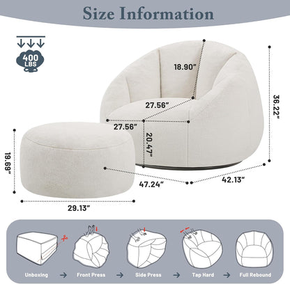 Giant Bean Bag Swivel Chair for Adults - Comfy Plush Round Shell Soft Accent Chaise Lounge Indoor Chair, Oversized Cozy Floor Sofa for Living Room, Bedroom & Game Rooms, Beige