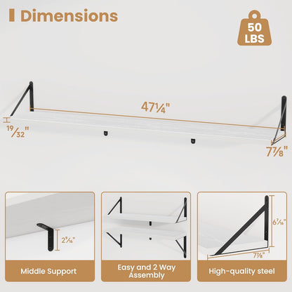 Heimlove 48 Inch Large Floating Bookshelves Set of 3,White Wall Mounted Bookshelves,Heavy Duty Wooden Shelves for Living Room,Bedroom,Kitchen,Laundry Room Storage & Decor