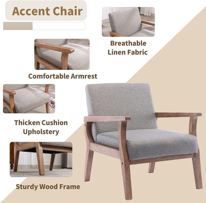 HNY Mid Century Modern Accent Chairs Set of 2 with Wood Frames, Linen Upholstered Living Room Arm Chairs for Living Room, Bedroom, Grey