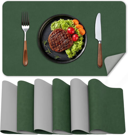 BLESWIN Faux Leather Placemats, PU Dining Table, Waterproof and Oil Resistant Easy to Clean, Heat Resistant Reversible Use Table Mats for Kitchen, Dining Table, Outdoor – 12 × 17 Inch, Forest&Grey