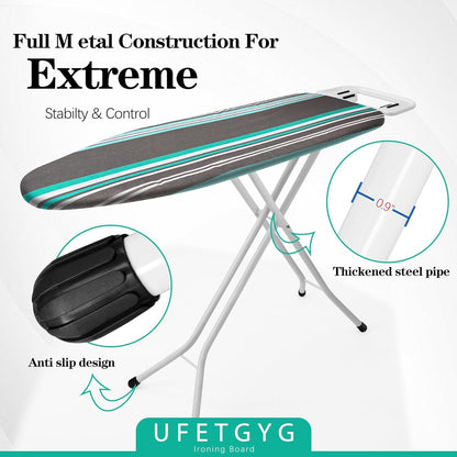 Ironing Board,Full Metal Construction| Height Adjustable, 43" X 13" W/with Iron Rest Heat & Scorch Resistant Fabric, Anti-Skid Feet, Heavy Duty| Easy to Fold