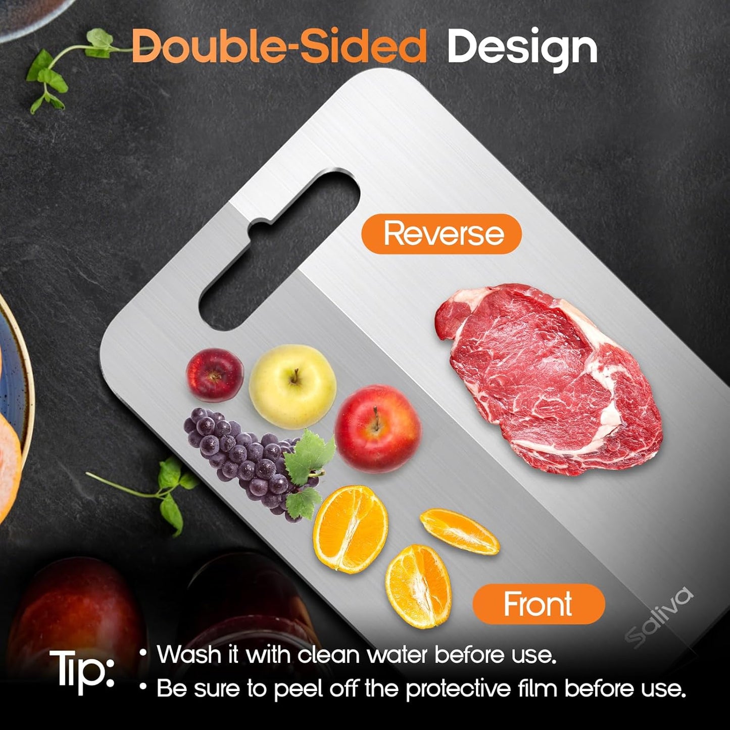 Saliva 3pcs Titanium Cutting Boards for Kitchen, Titanium Cutting Board Set of 3, Non Toxic Double Sided Food Grade, Dishwasher Safe, No Blunt Knife, Chopping Boards with Handle for Meat & Vegetable