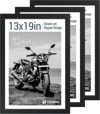13x19 Picture Frame 3 pk, Textured Black Solid Wood Poster Frame, HD Tempered Glass, Wall Gallery Frame
