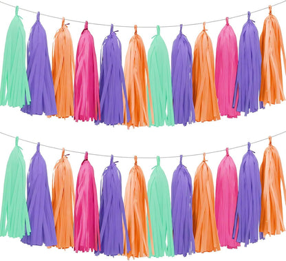 Tissue Paper Tassel Garland Banner, 20 Pack, Purple Blue Orange Pink, Pastel Party Decorations for Birthday, Baby Shower,Disco Them,Halloween