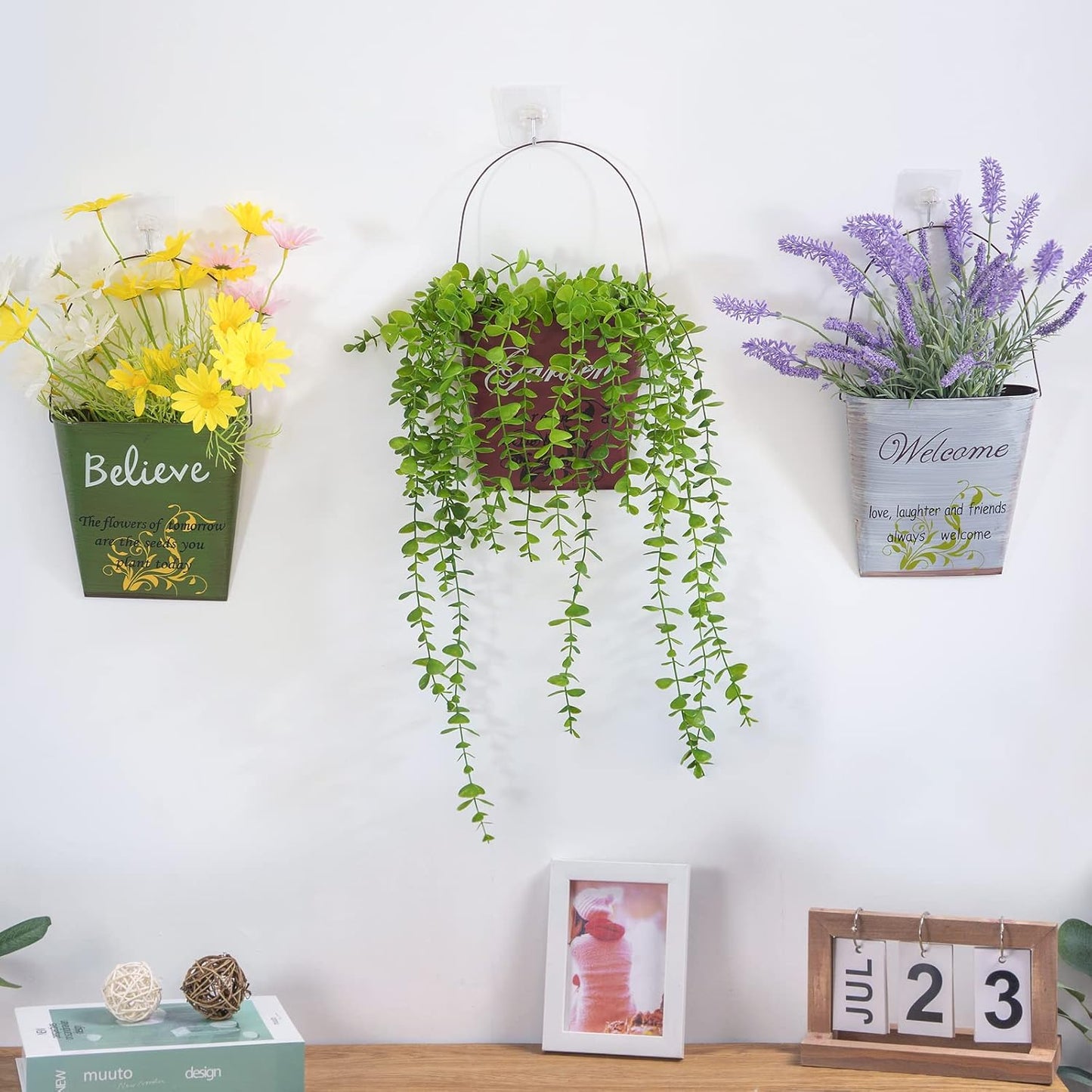 GDYOOSHOW 3Pcs 7.4" Tall Galvanized Metal Hanging Planter Rustic Wall Flower Bucket Echelon Wall Pot for Garden Balcony Indoor or Outdoor