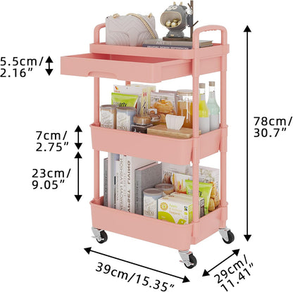 Calmootey 3-Tier Rolling Utility Cart with Drawer,Multifunctional Storage Organizer with Plastic Shelf & Metal Wheel,Storage Cart for Kitchen,Bathroom,Living Room,Office,Pink