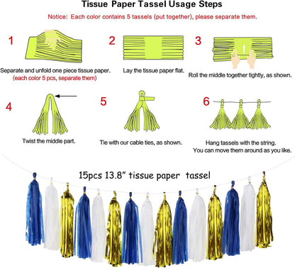 Navy-Blue White-Gold Tassel Garland Streamers- 15pcs Tissue Paper Tassels Banner Party Decorations Men Boy Birthday Graduation Bachelorette Engagement Backdrop Hanging Decor Panduola