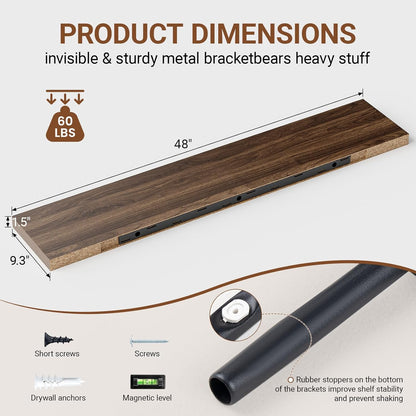 Heimlove Floating Shelves for Wall 48 Inches Long,9.3" Deep Walnut Floating Shelf Set of 2,Wall Mounted Wood Shelves for Bathroom Bedroom Living Room Kitchen Office,Shelf for Books Storage Room Decor