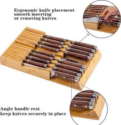 Bamboo Kitchen Drawer Knife Holder, In-drawer Knife Block, Knife Drawer Organizer fit for 16 knives and 1 steel sharpening