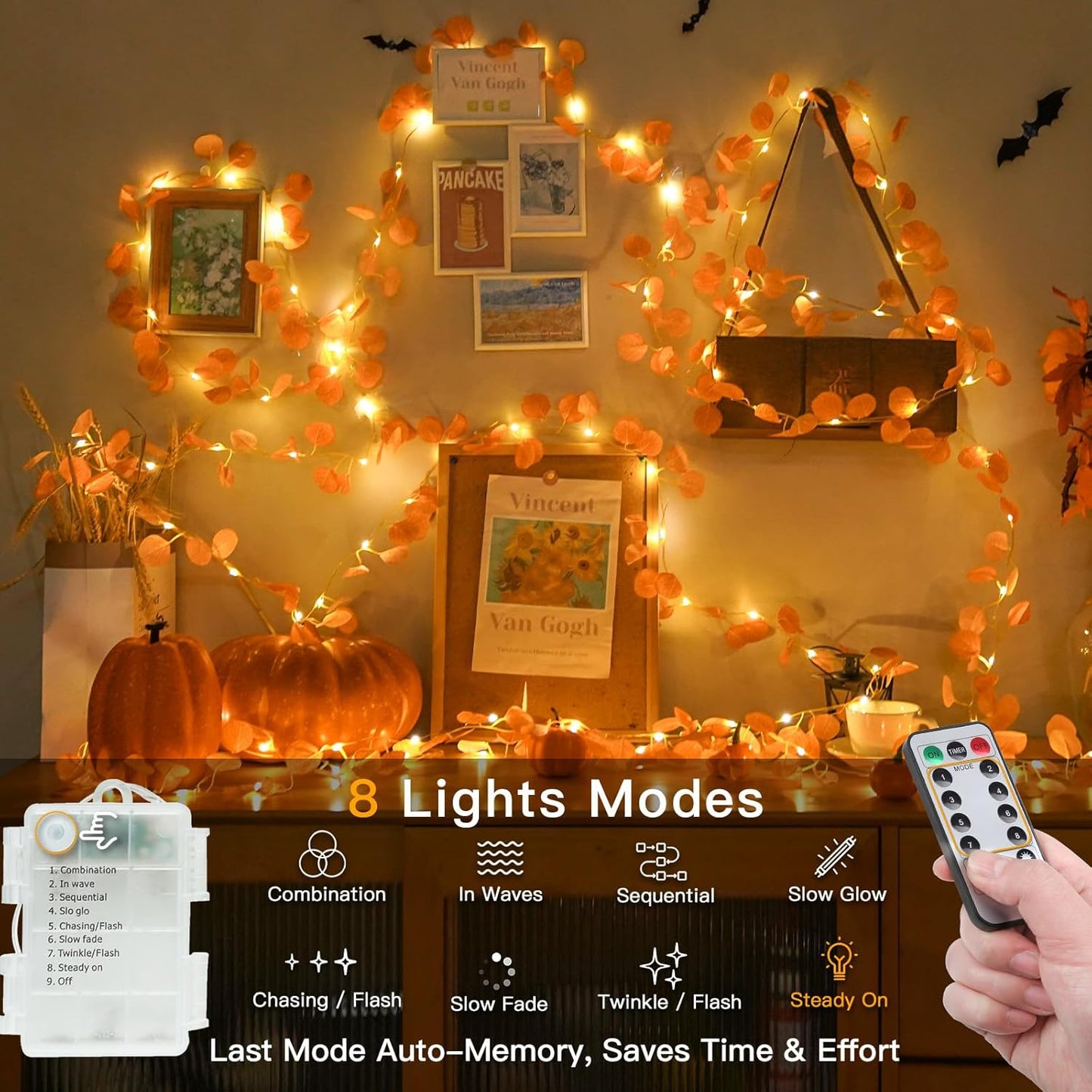 suddus Vine with Fairy Lights Battery Operated, 33ft 100 LED Eucalyptus Leaf String Lights with Remote, Dimmable Fall Garland with Lights for Bedroom Indoor Thanksgiving Christmas Decor (Warm White)