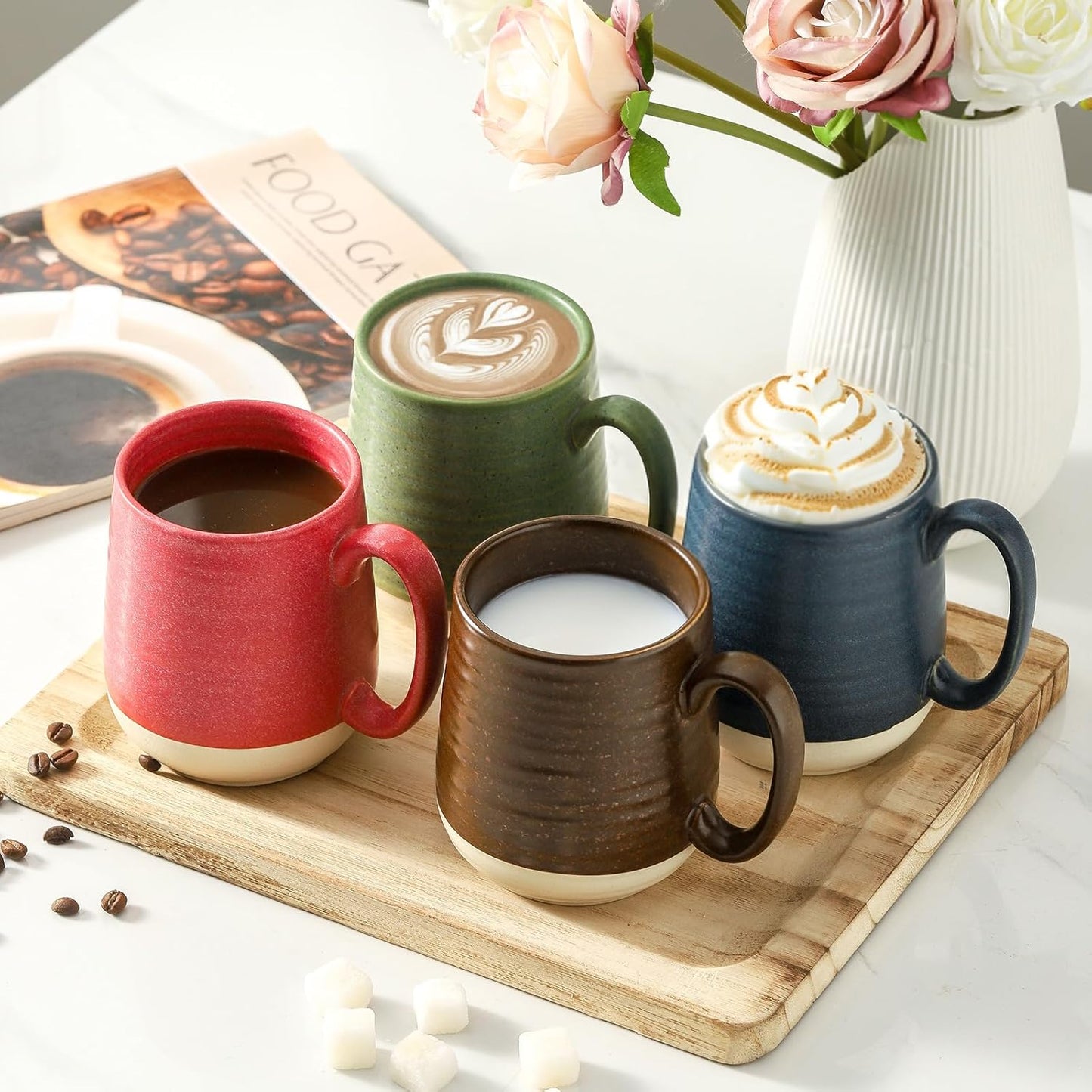 Hasense 15 Ounce Porcelain Coffee Mugs Set of 4 with Large Handle Perfect for Coffee, Tea, Milk, Chocolate and Latte, Unqiue Glaze Ceramic Coffee Cups Set for Man and Woman, Colorful