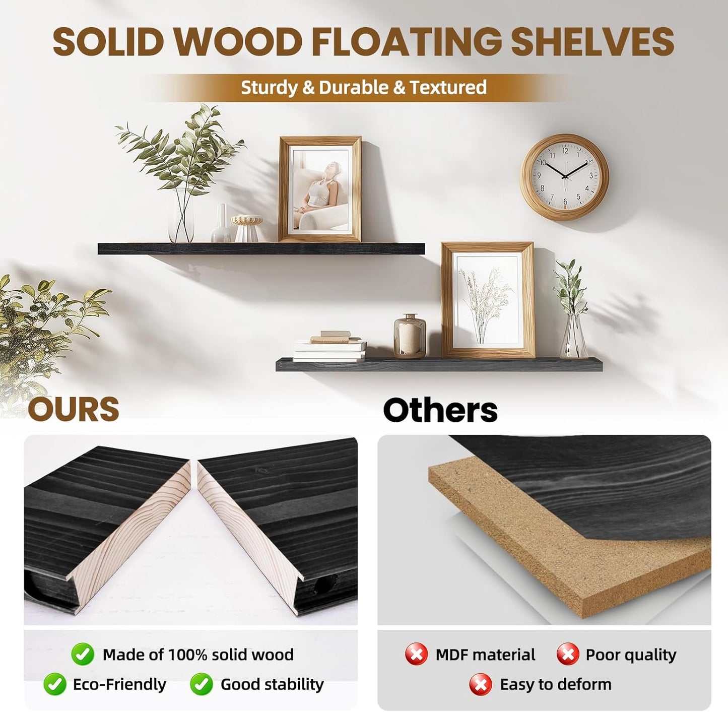 Floating Wall Shelves 2-Pack - 36-Inch Rustic Black Wooden Shelves for Storage and Décor, Easy Installation for Living Room, Bedroom, and Kitchen