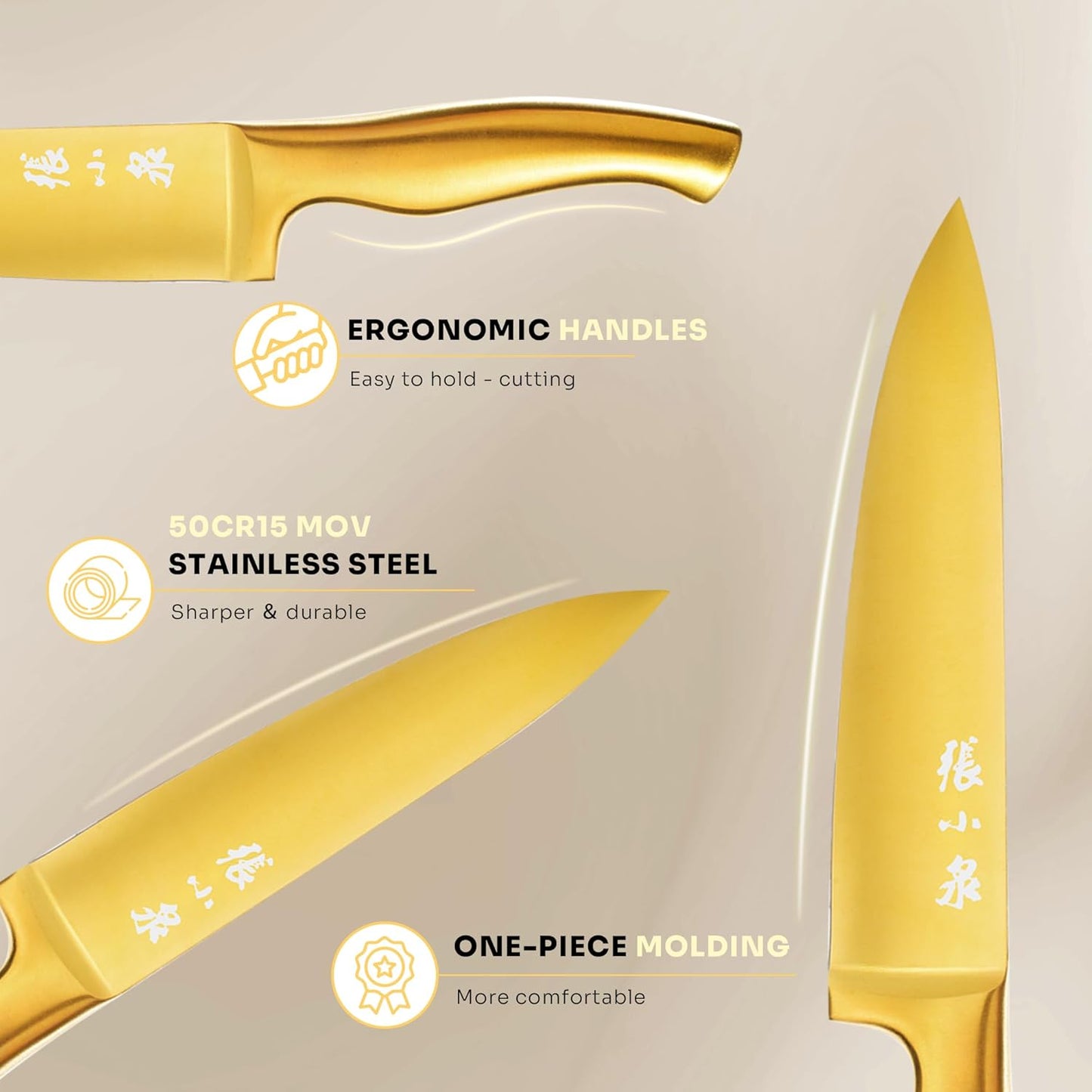 ZHANG XIAO QUAN SINCE 1628 15Pcs Knife Sets with Block, 50Cr15MoV Stainless Steel kitchen knife set with Built-in Sharpener Dishwasher Safe(Golden)